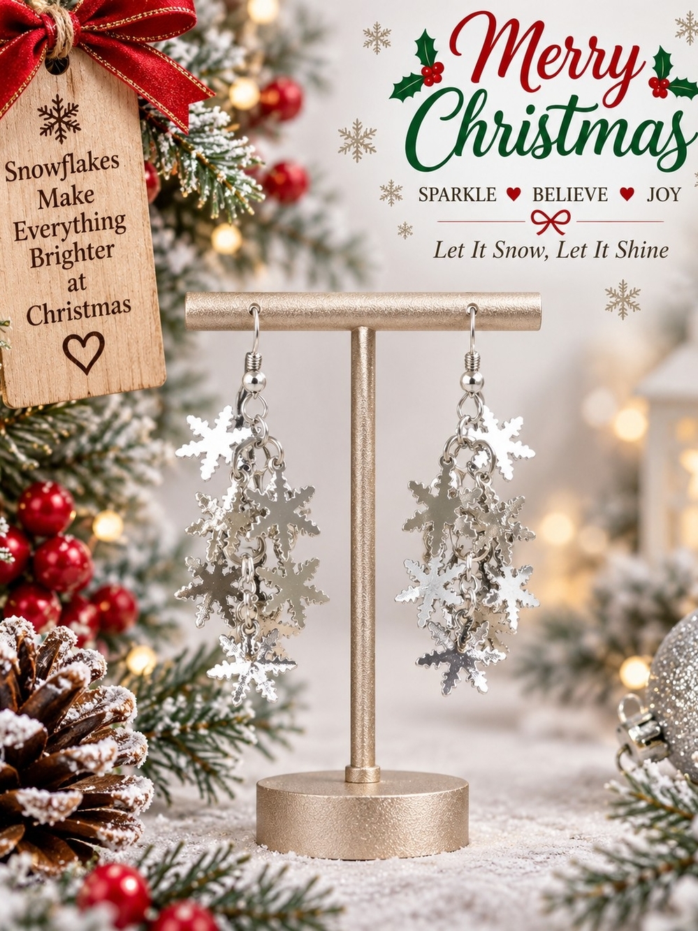 Festive Silver Snowflake Dangle Earrings for Women